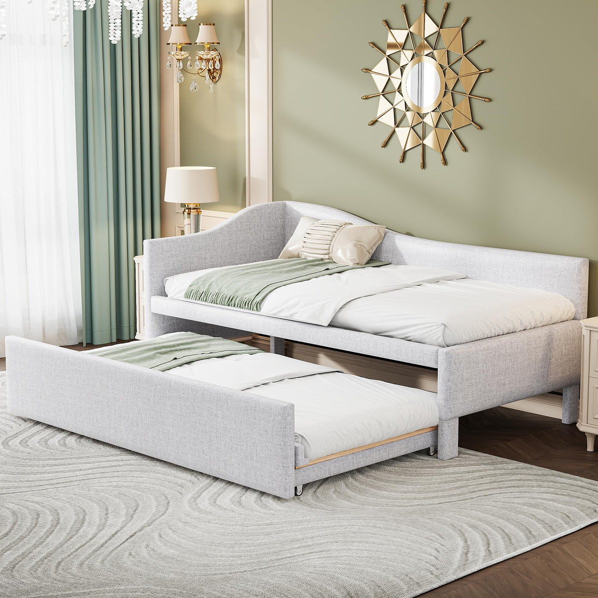 Twin Size Upholstered Linen Daybed with Pop up Trundle S160894