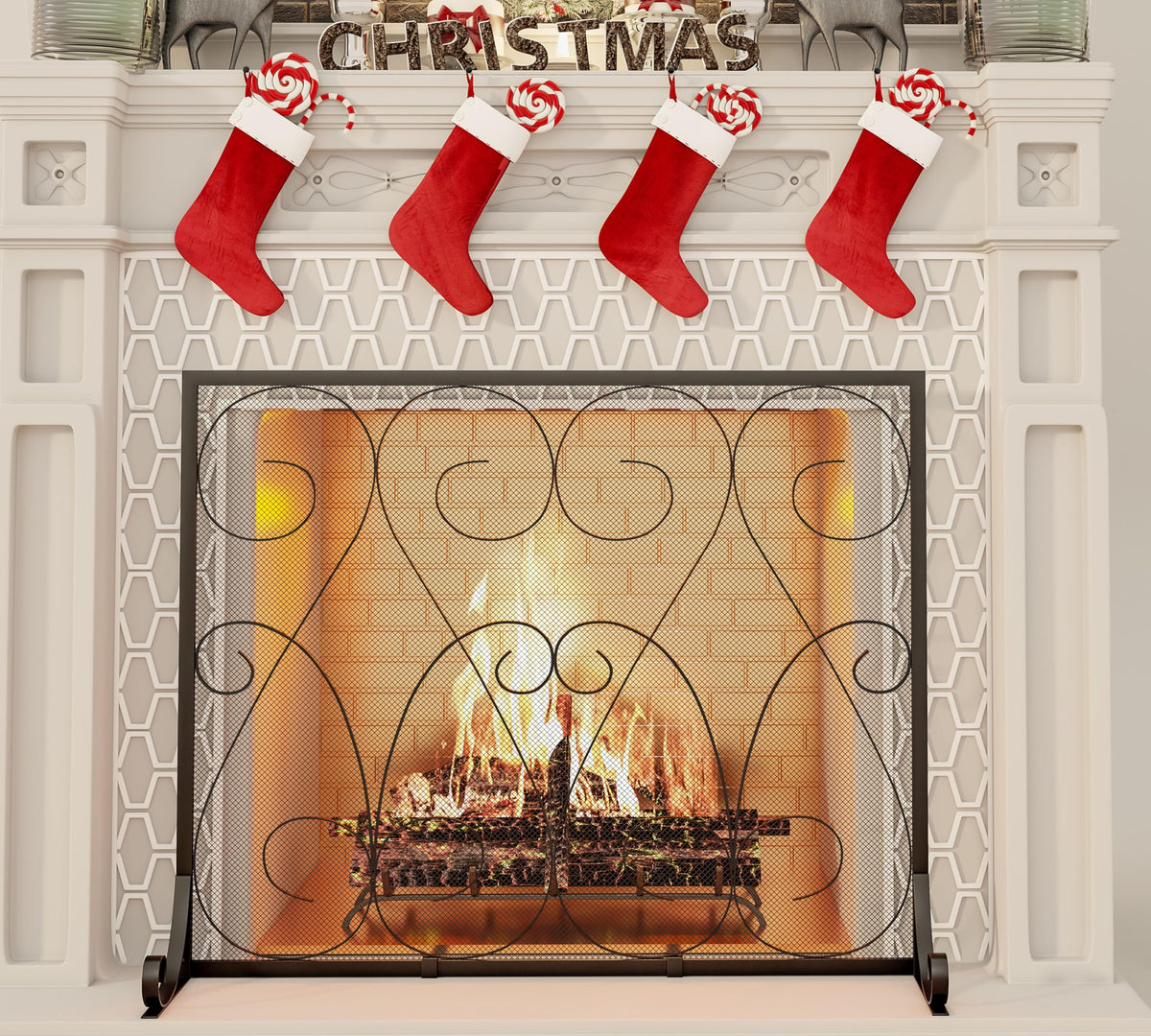 Handcrafted Wrought Iron Flat Fireplace Screen with Steel Frame Metal Mesh Black C949410