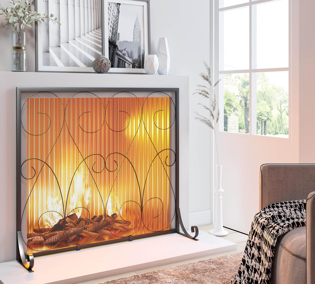 Handcrafted Wrought Iron Flat Fireplace Screen with Steel Frame Metal Mesh Black C949410