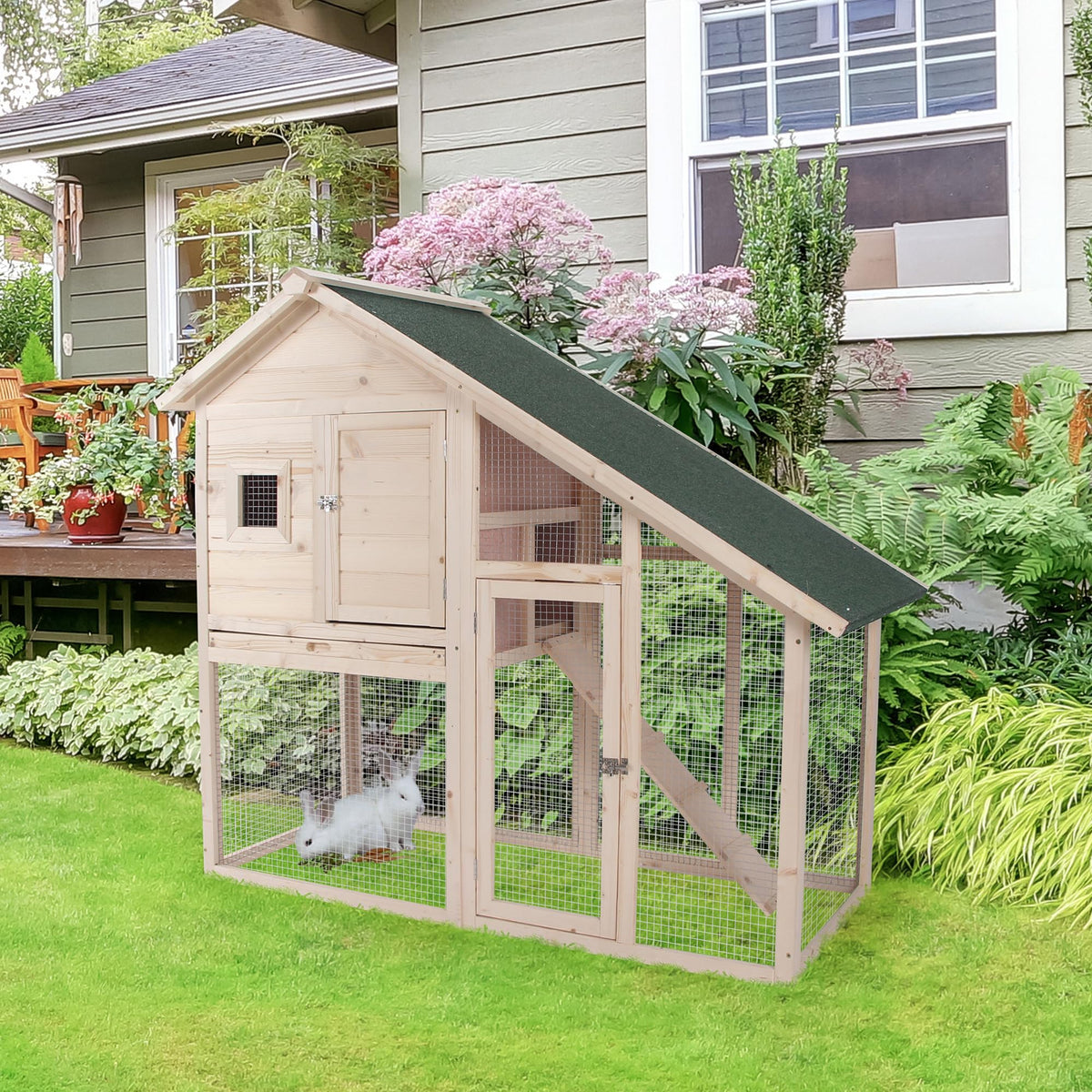 55" 2-Tier Wooden Rabbit Hutch with Ramp W966