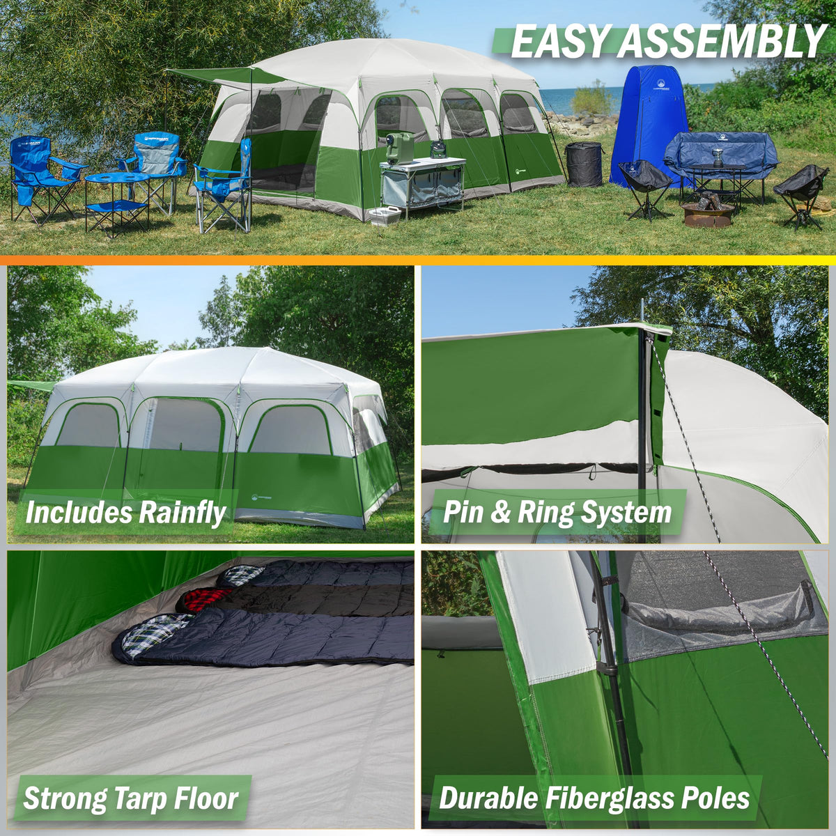 10-12 Person Camping Tent with Room Divider and Carry Bag E34185