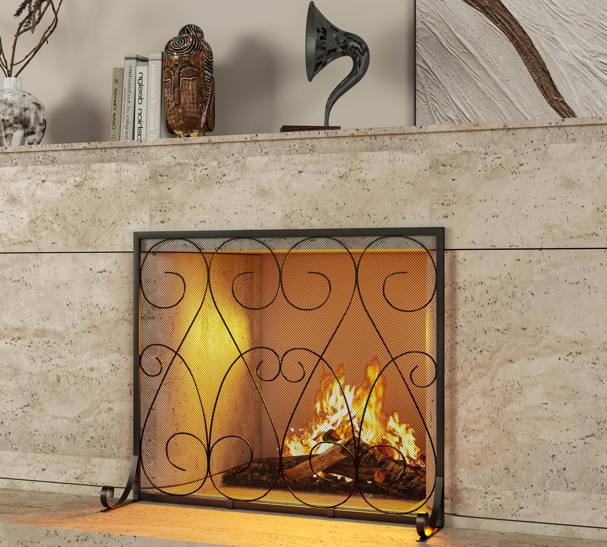 Handcrafted Wrought Iron Flat Fireplace Screen with Steel Frame Metal Mesh Black C949410