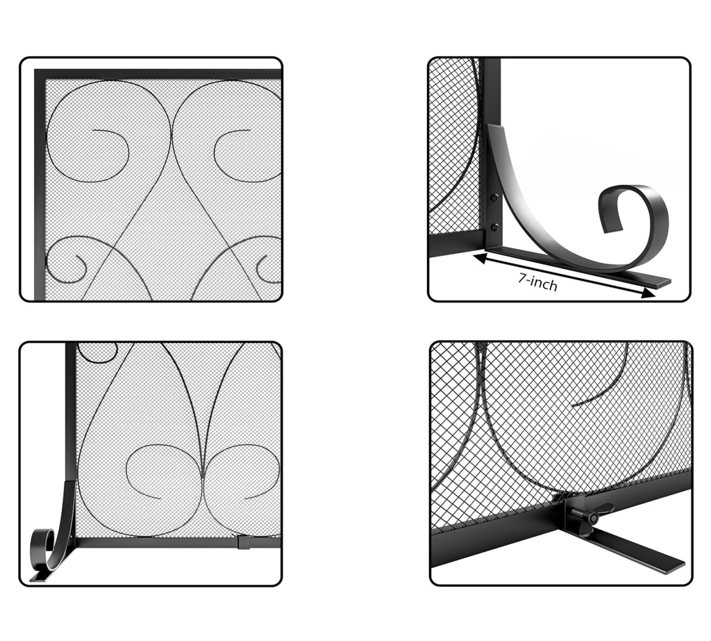 Handcrafted Wrought Iron Flat Fireplace Screen with Steel Frame Metal Mesh Black C949410