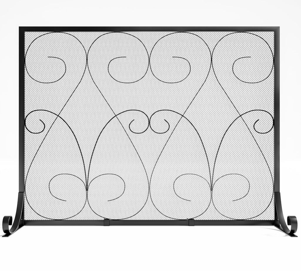 Handcrafted Wrought Iron Flat Fireplace Screen with Steel Frame Metal Mesh Black C949410