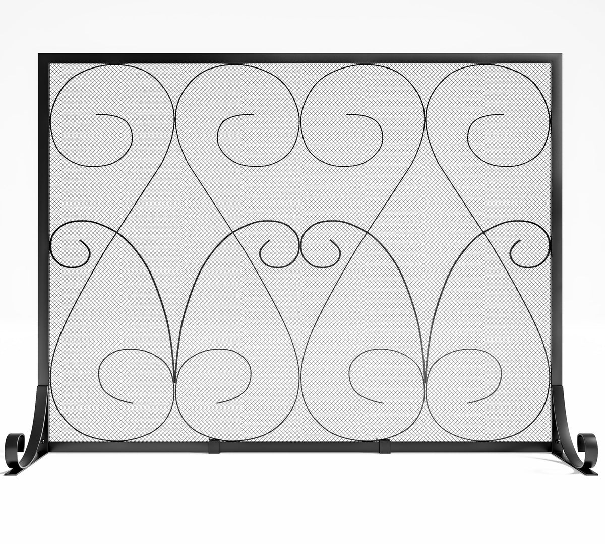 Handcrafted Wrought Iron Flat Fireplace Screen with Steel Frame Metal Mesh Black C949410